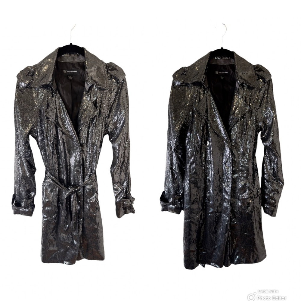 Fancy INC international concepts Silver Sequins Blazer Trench Dress Coat Size M